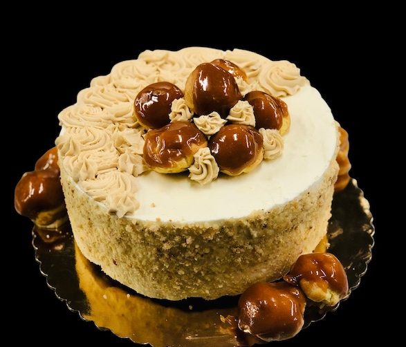 Hazelnut Cake with Glazed Profiterole Garnish